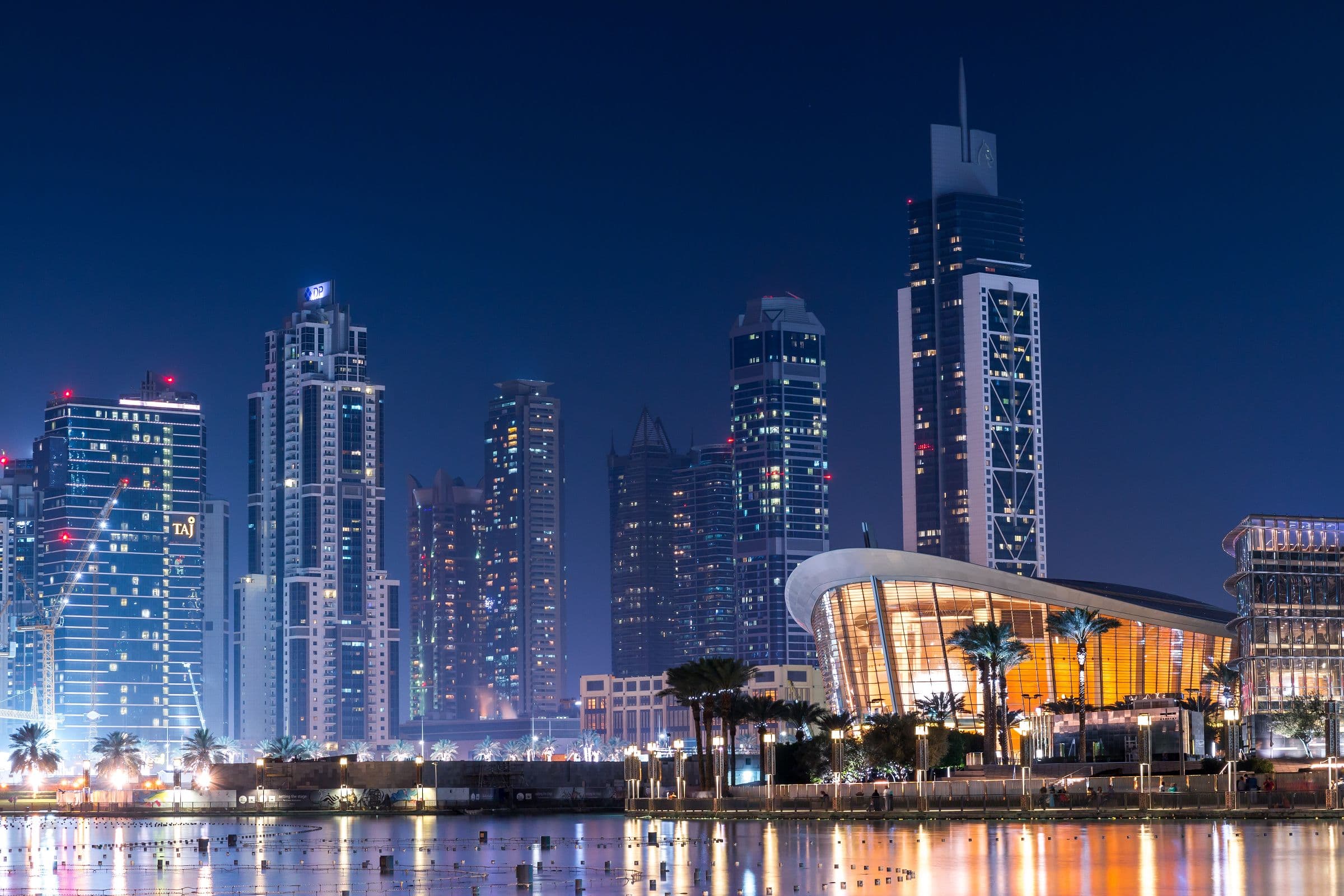 Dubai waterfront towers at night